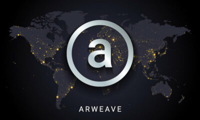 Arweave (AR) cryptocurrency logo against a global background